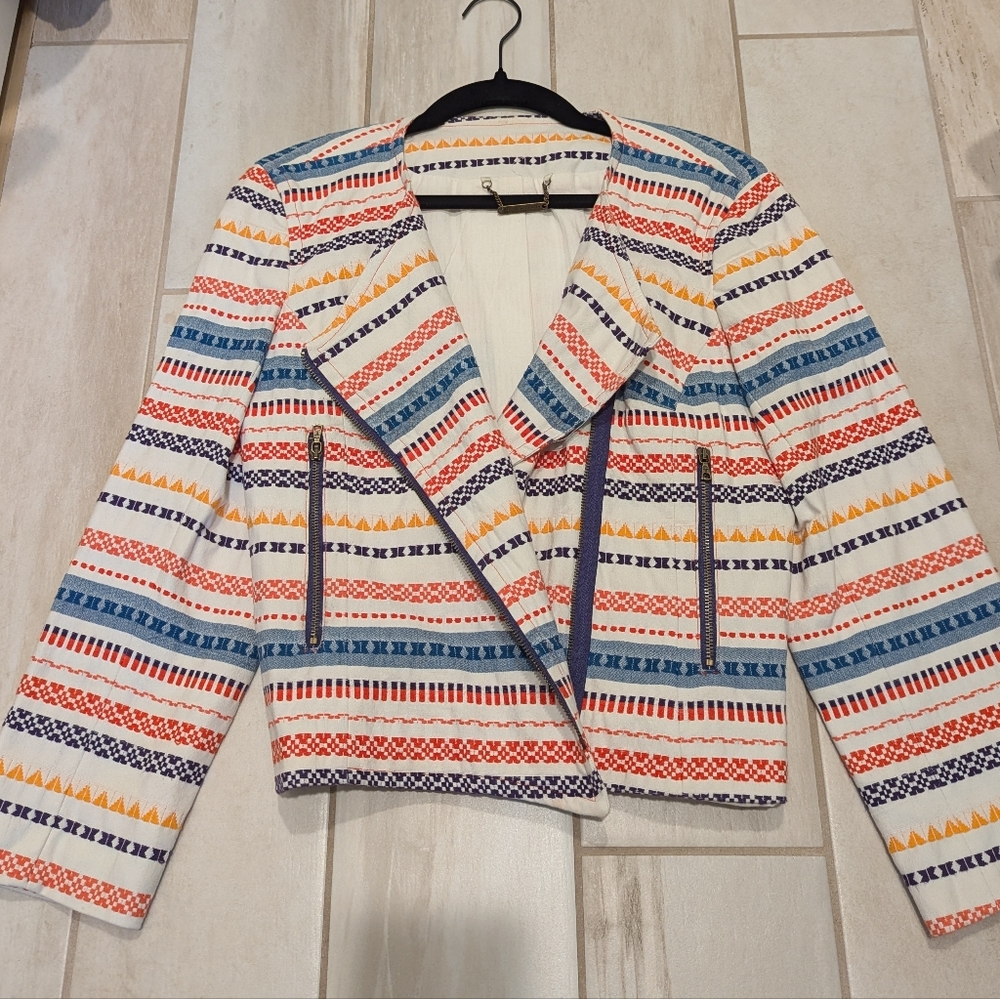 Trina Turk Cotton Moto Jacket Blazer Embroidered Stripe 6